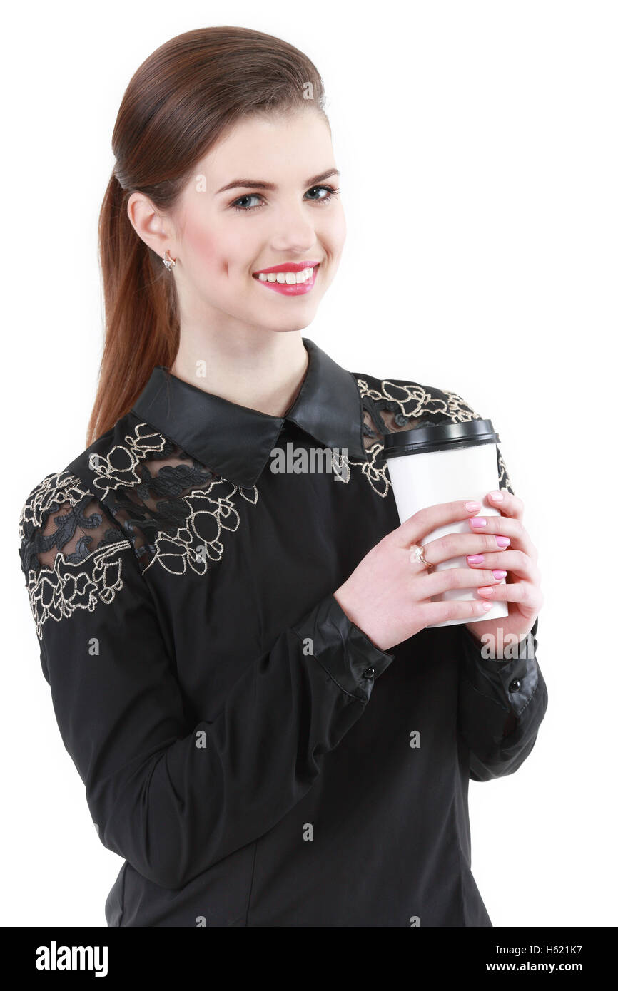 Young attractive woman in black shirt with coffee Stock Photo - Alamy