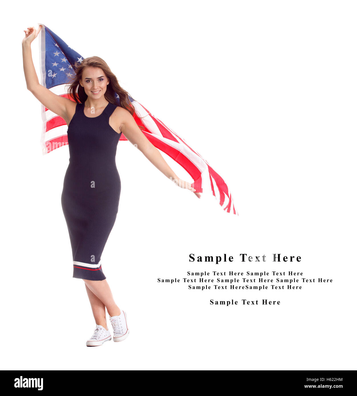 Happy young woman holding USA flag. Image isolated on a white ...