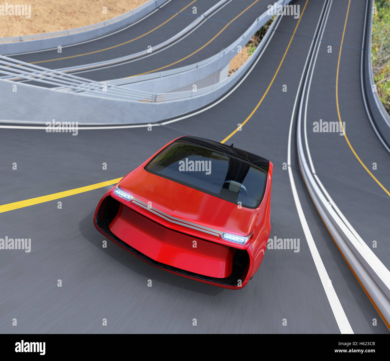 Front view of red electric car driving on loop bridge. 3D rendering image. Stock Photo
