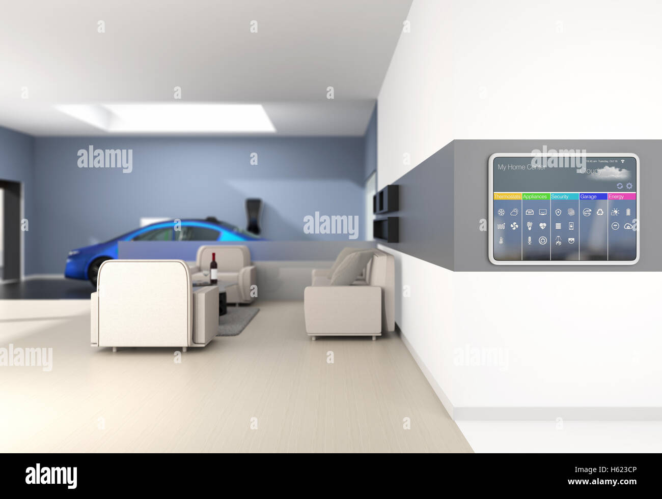 Home automation control panel on the wall. 3D rendering image. Stock Photo