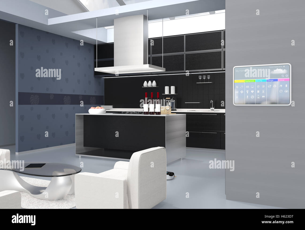 Home automation control panel on the kitchen wall. 3D rendering image. Stock Photo
