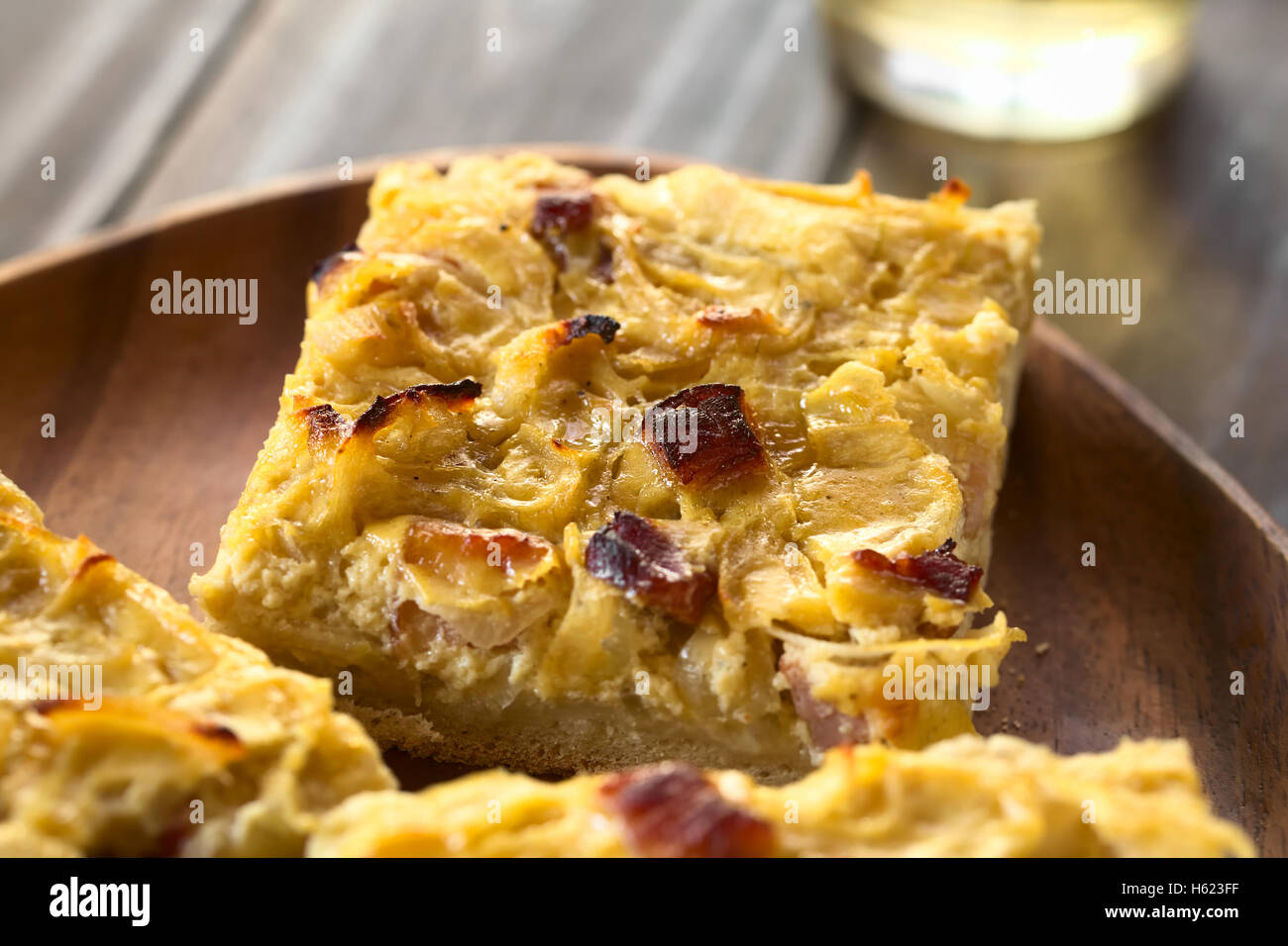 Traditional German Zwiebelkuchen savory onion cake pieces made of onion