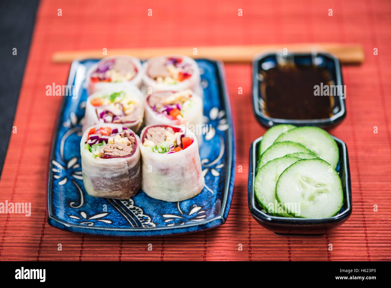 Sushi and teriyaki beef bites, japanese or asian food Stock Photo