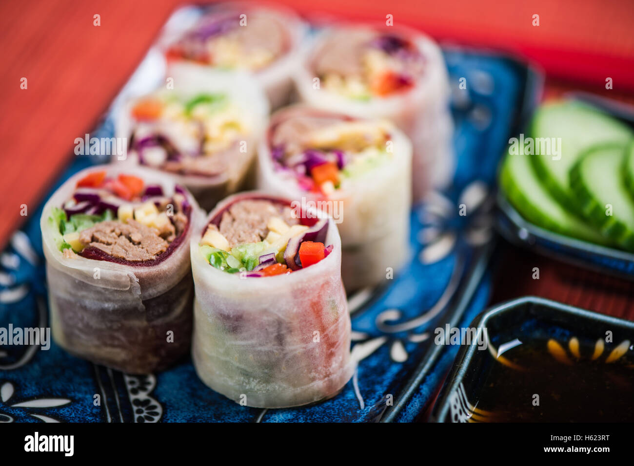colorful and healthy japanese food on traditional plate Stock Photo