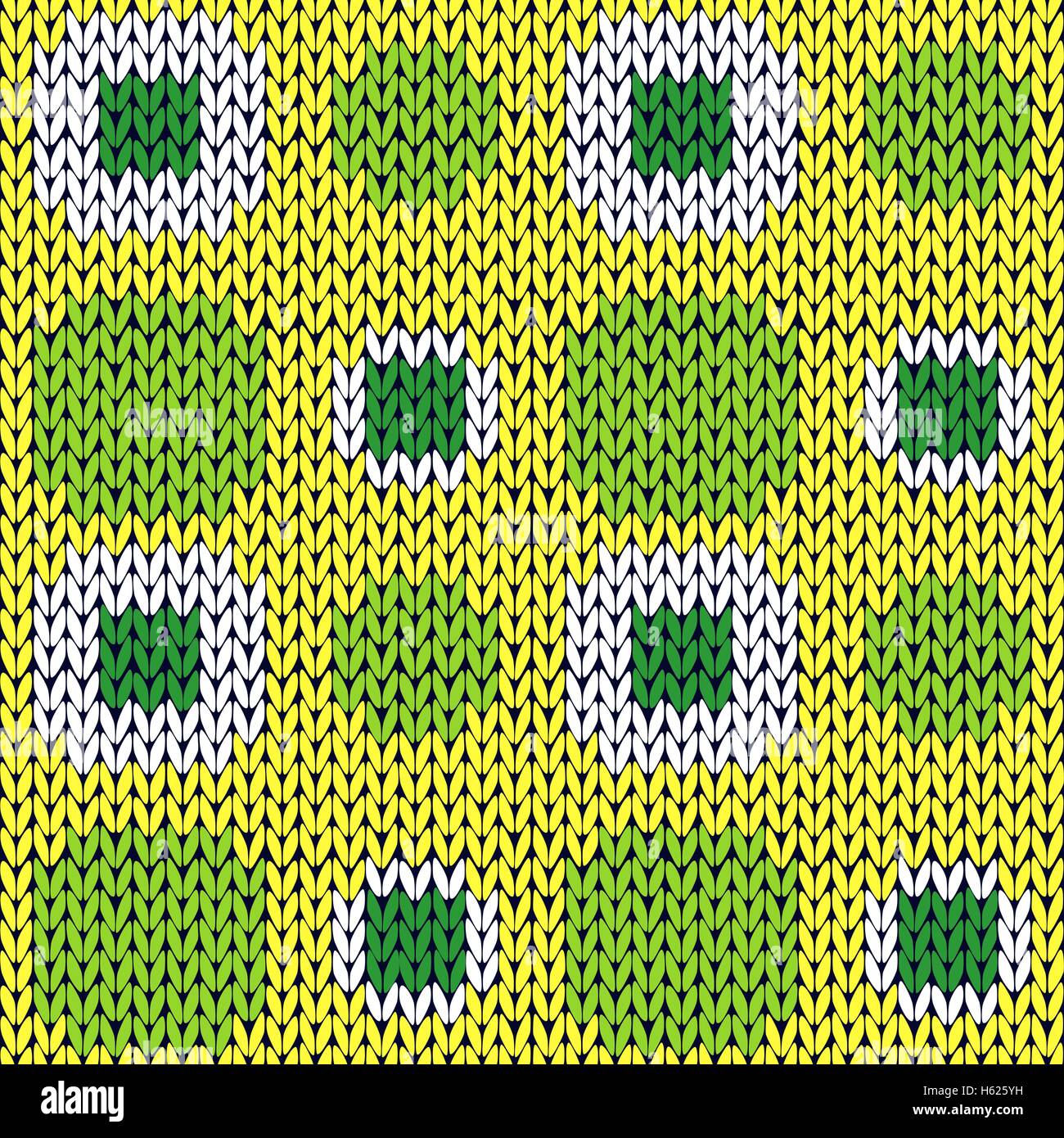 Seamless knitting geometrical vector pattern with symmetrical square cells in green yellow and white colors as a knitted fabric  Stock Vector