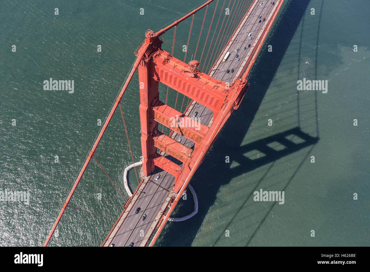Aerial down view of the Golden Gate Bridge near San Francisco, California. Stock Photo