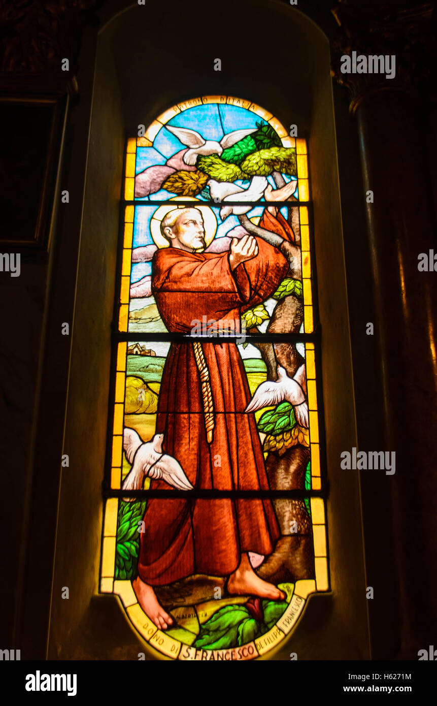 St. Francis of Assis the patron Saint of animals depicted in stained glass at San Giorgio church Portofino Italy Stock Photo