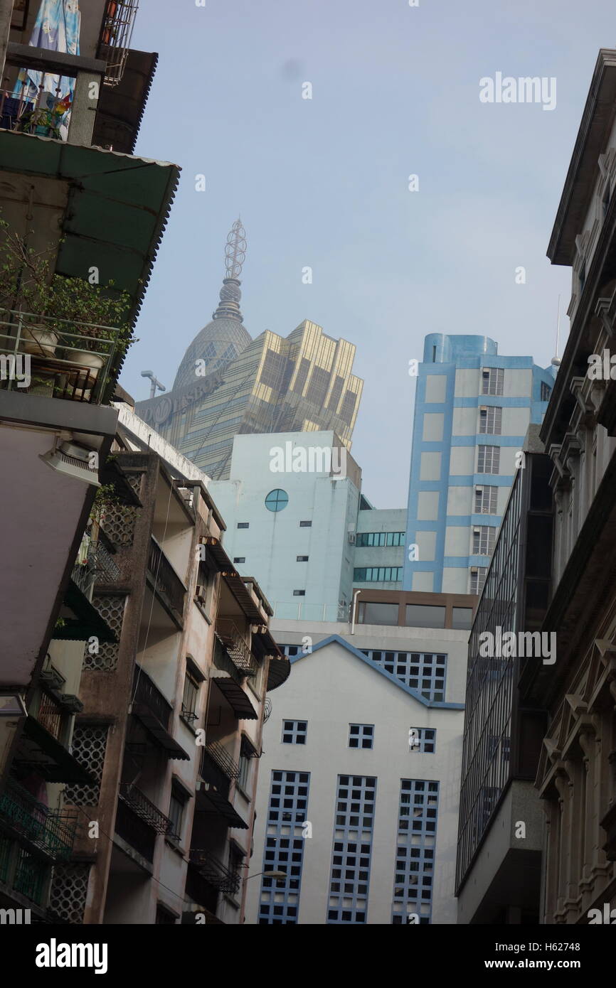 roofline in central Macau China mixture of old, 1930s and new casinos beyond Stock Photo