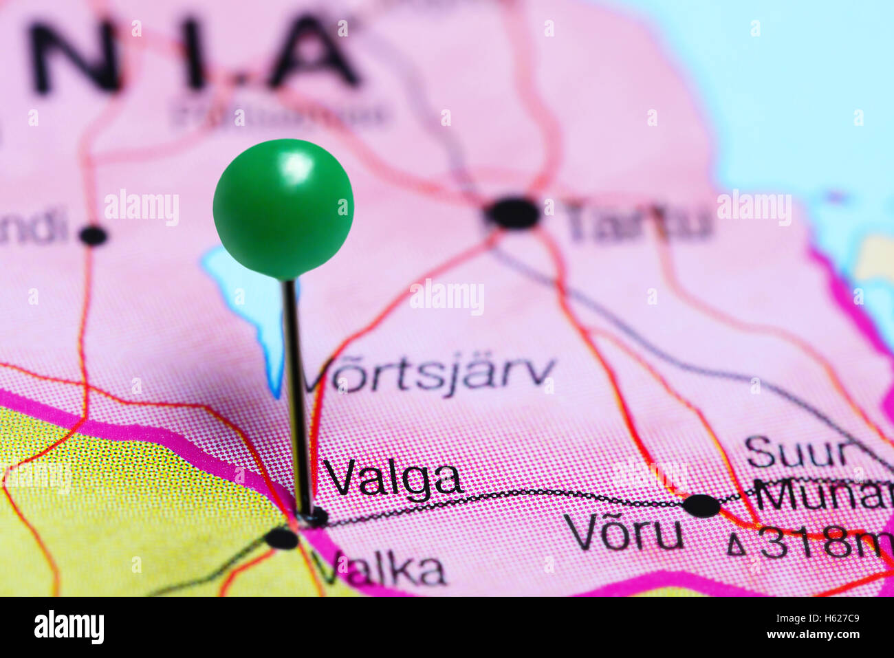 Valga pinned on a map of Estonia Stock Photo