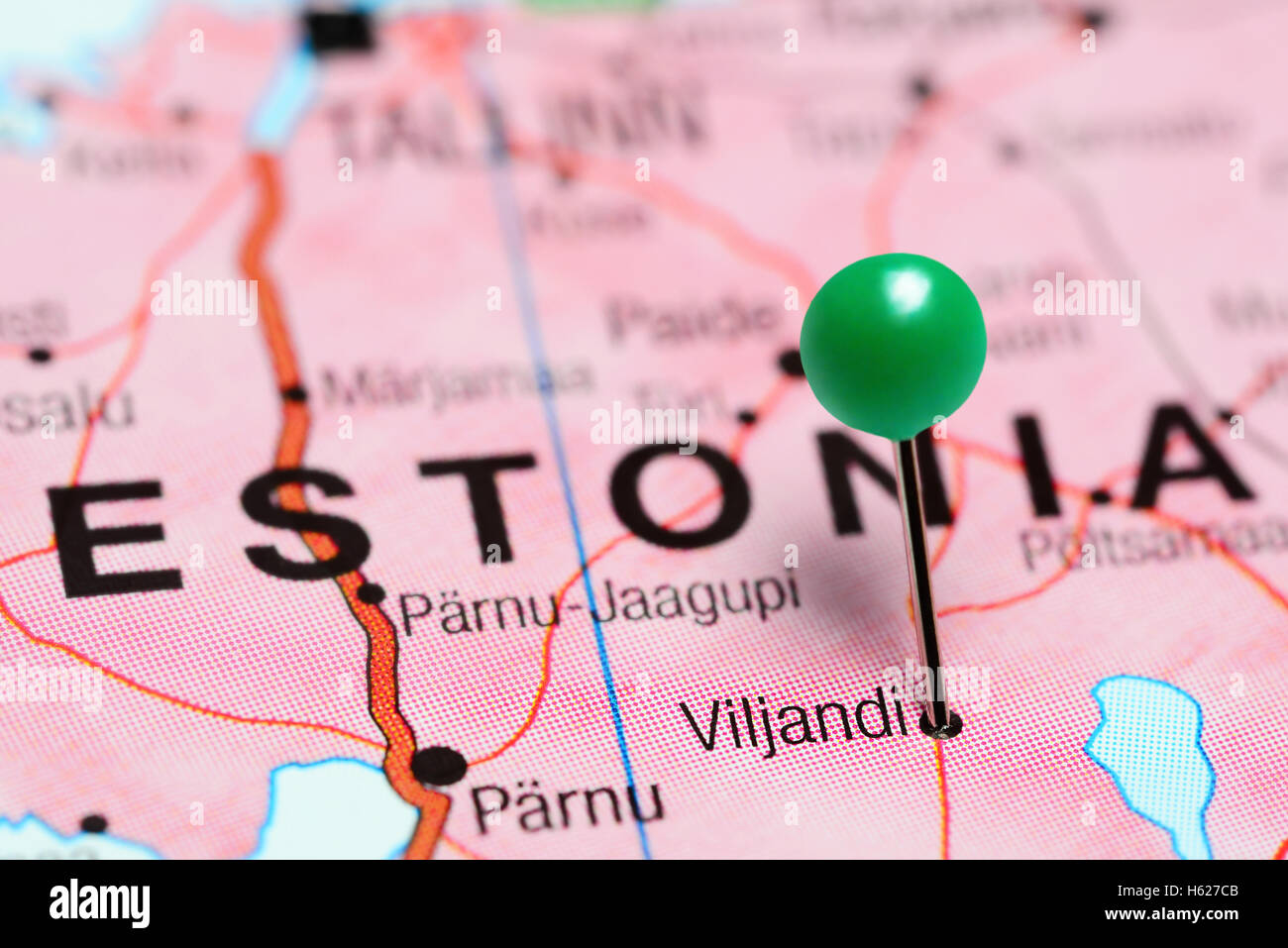 Viljandi pinned on a map of Estonia Stock Photo