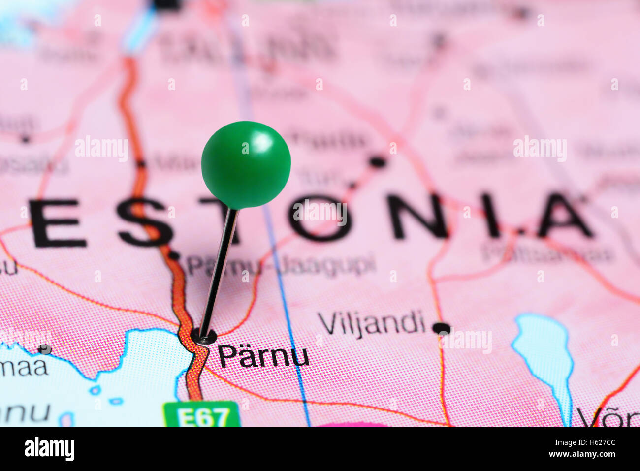 Parnu pinned on a map of Estonia Stock Photo