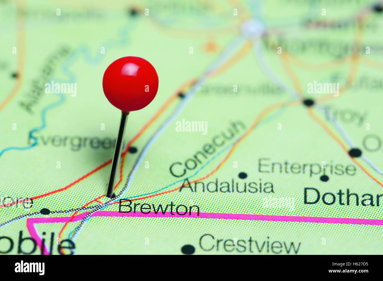 Brewton pinned on a map of Alabama, USA Stock Photo