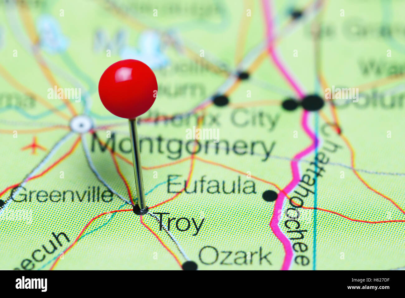 Troy pinned on a map of Alabama, USA Stock Photo