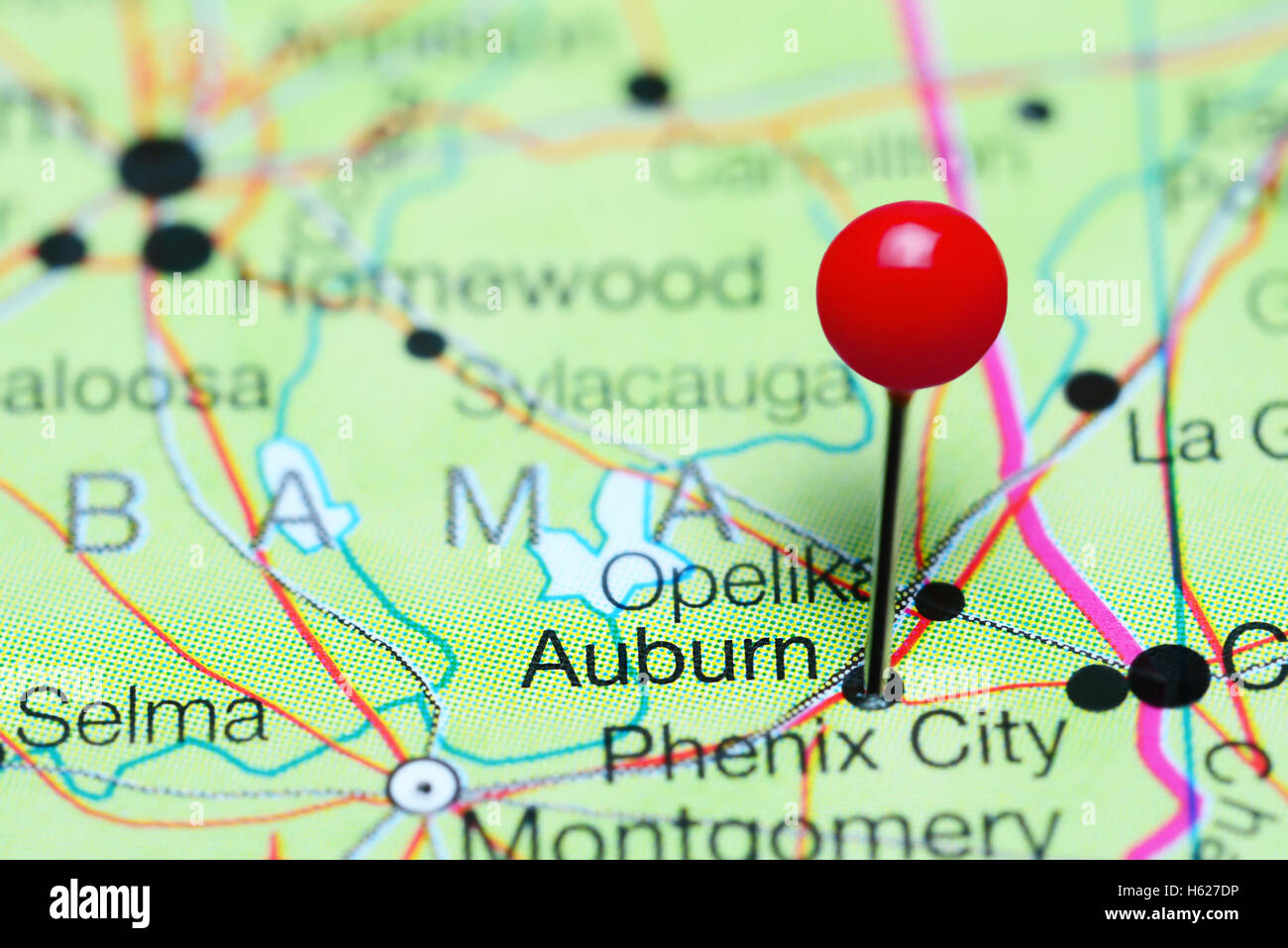 Auburn pinned on a map of Alabama, USA Stock Photo