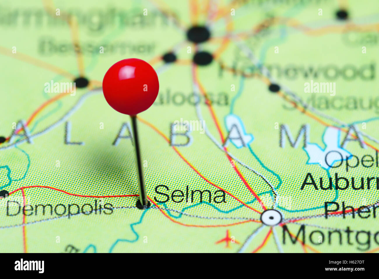 Selma pinned on a map of Alabama, USA Stock Photo