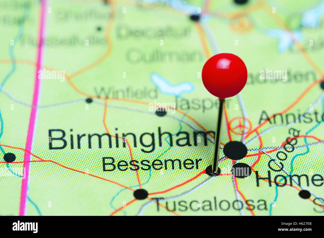 Bessemer pinned on a map of Alabama, USA Stock Photo