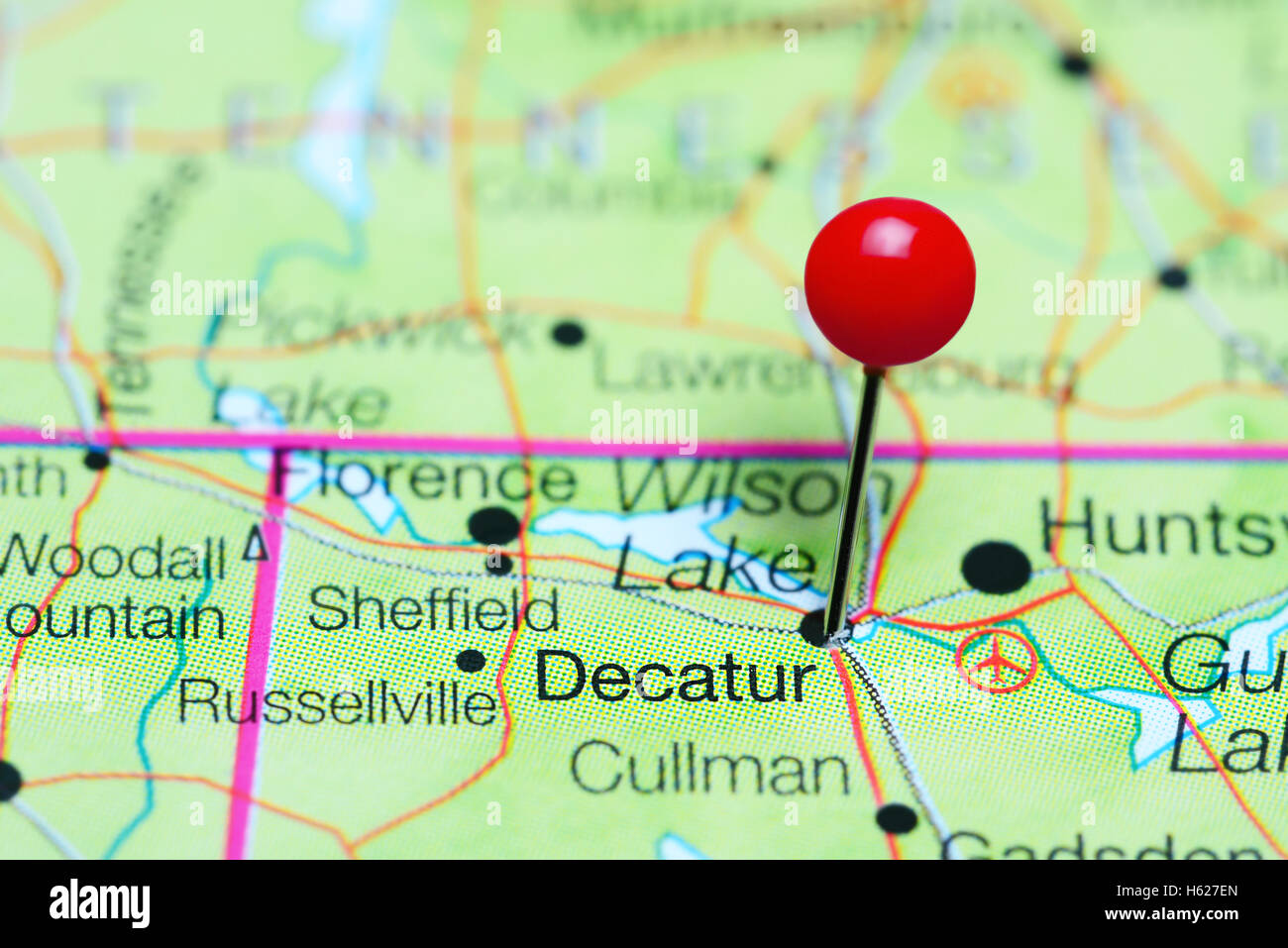 Decatur pinned on a map of Alabama, USA Stock Photo
