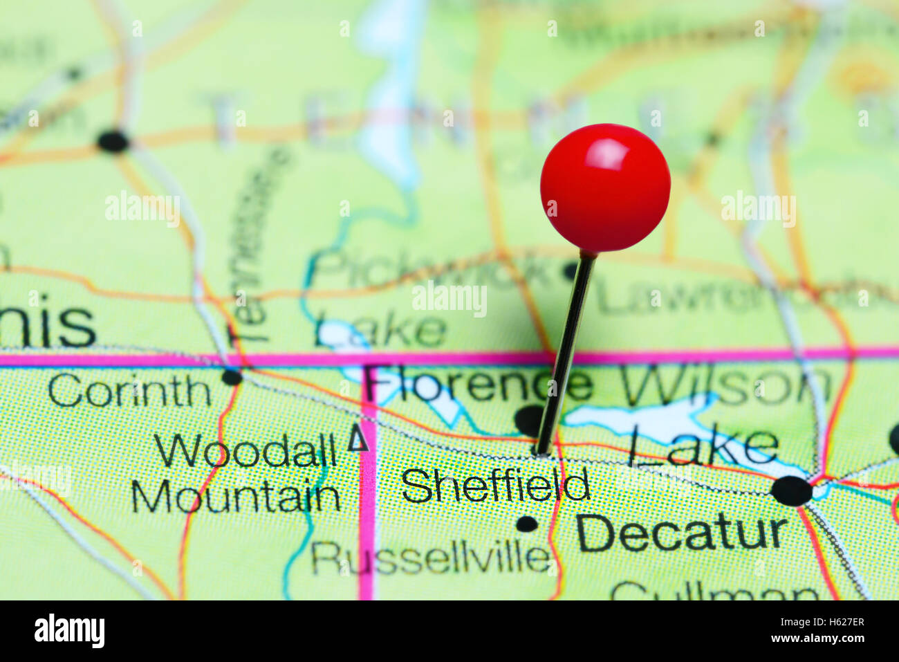 Sheffield pinned on a map of Alabama, USA Stock Photo