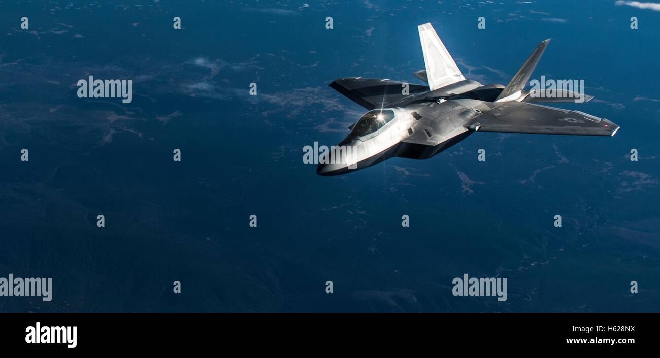 An U.S Air Force F-22 Raptor stealth fighter aircraft in flight during the NORAD Vigilant Shield 17 training exercise at Joint Base Elmendorf-Richardson October 17, 2016 in Anchorage, Alaska. Stock Photo