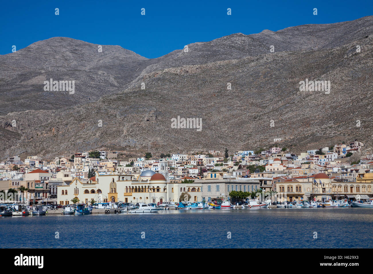 Port Potia capital of Kalymnos / Kalimnos Island on Mediterranean Sea, Greece. Stock Photo