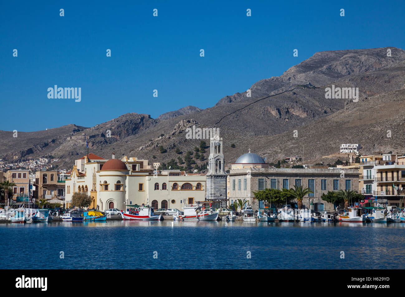 Port Potia capital of Kalymnos / Kalimnos Island on Mediterranean Sea, Greece. Stock Photo