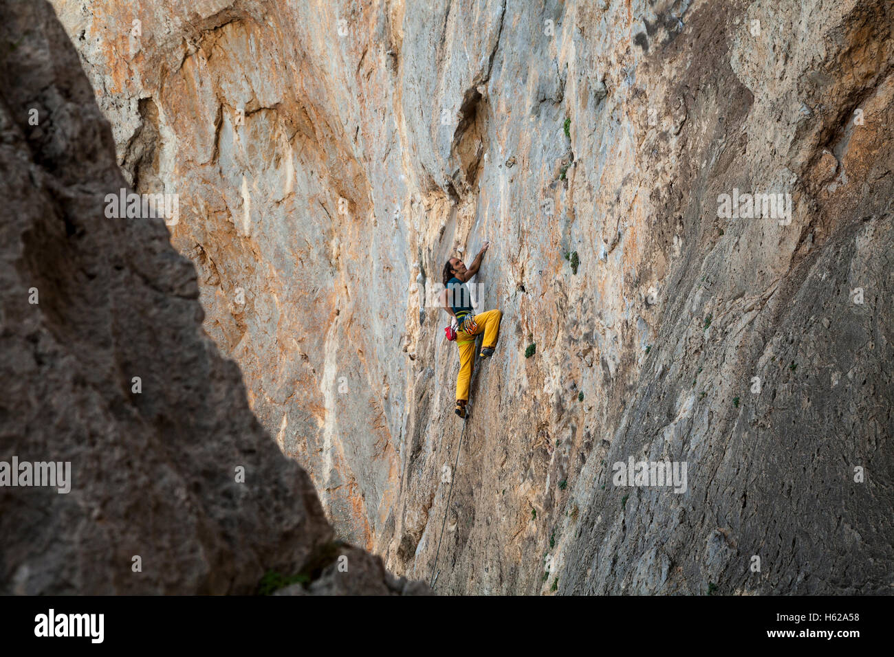 Climber in wall, Kalimnos, Greece, Europe. Stock Photo