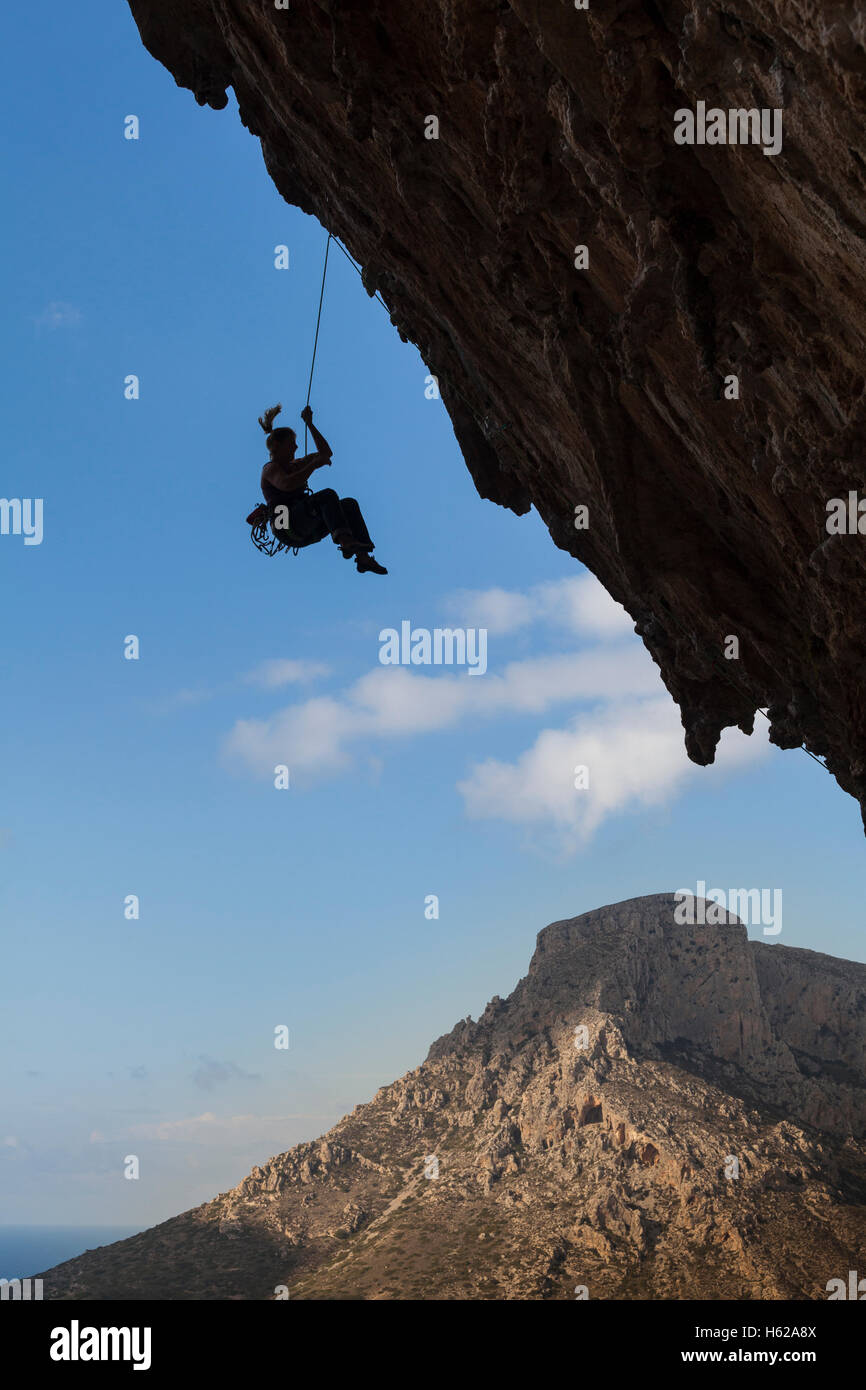 Climber goes down after climbing, Kalymnos, Greece, Europe. Stock Photo