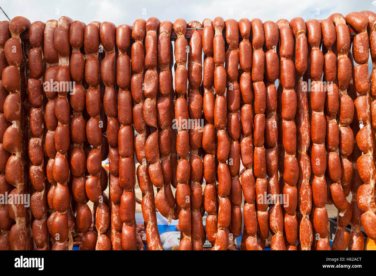 Sausages on Geyikbayiri market, Turkey, Asia. Stock Photo