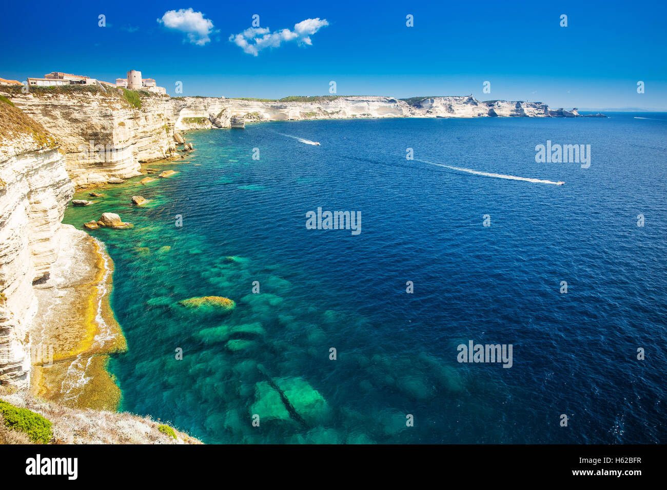 Bonifacio town on beautiful white rock cliff with sea bay, Corsica, France, Europe. Stock Photo
