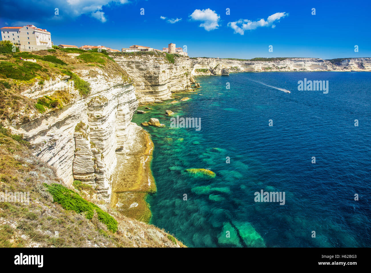 Bonifacio town on beautiful white rock cliff with sea bay, Corsica, France, Europe. Stock Photo