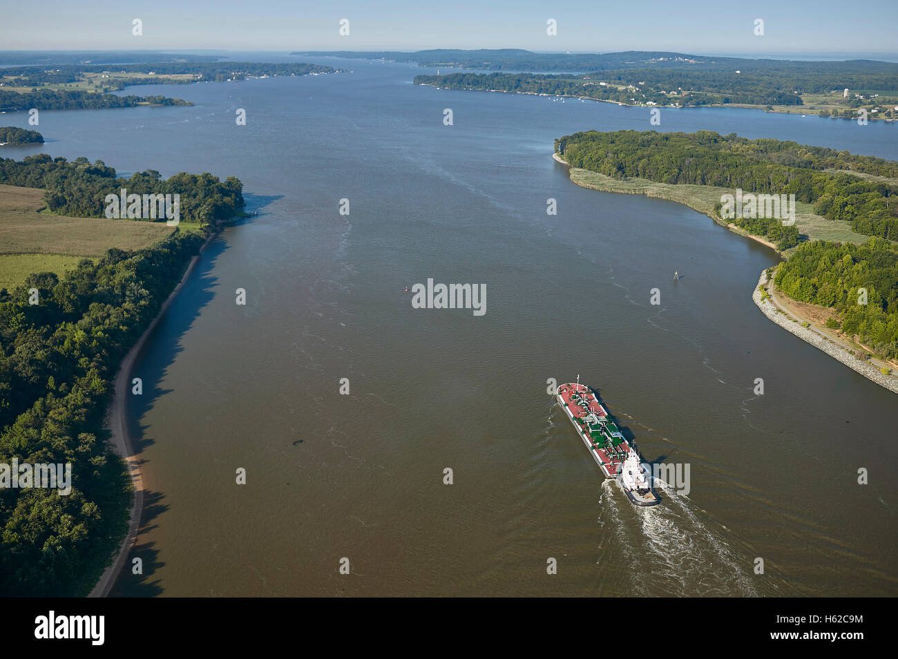 USA, Maryland, Aerial photograph of a tug and barge entering the Elk