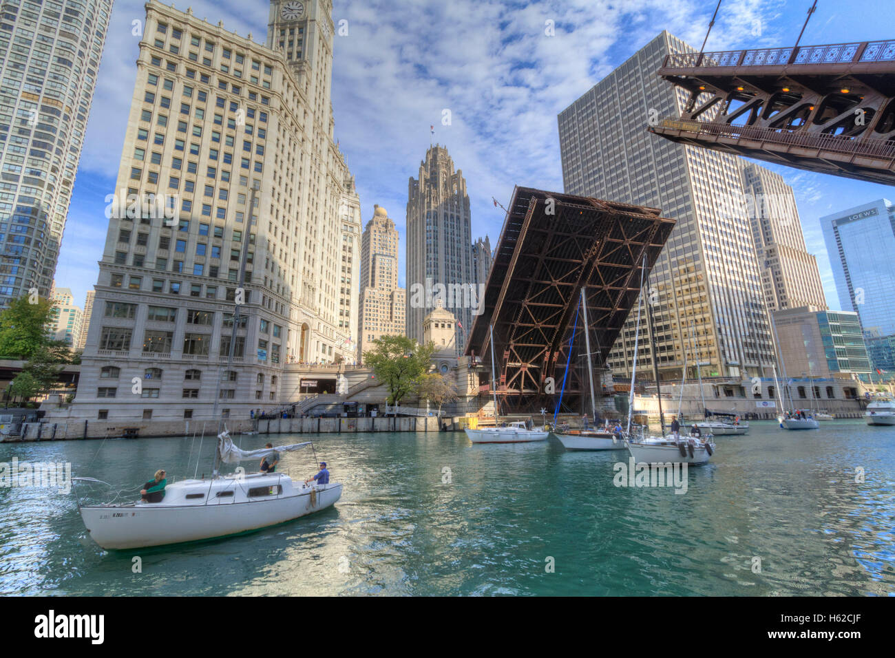 Raising the Du Sable Bridge, Chicago, Illinois Stock Photo