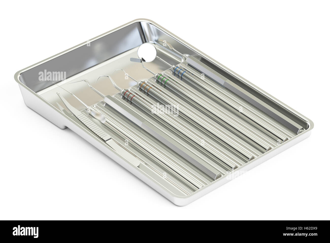 dental instruments in metallic tray, 3D rendering Stock Photo Alamy