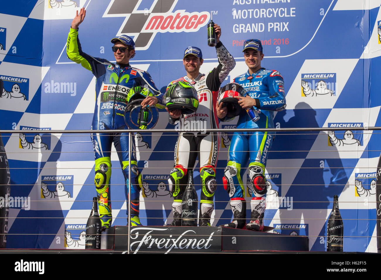 Phillip Island, Australia. 23rd October, 2016. MotoGP. Race. The winners  podium for the Michelin Australian Motorcycle Grand Prix. Cal Crutlow  (centre, 1st place), Valentino Rossi (right, 2nd place) and Maverick  Vinales (left,