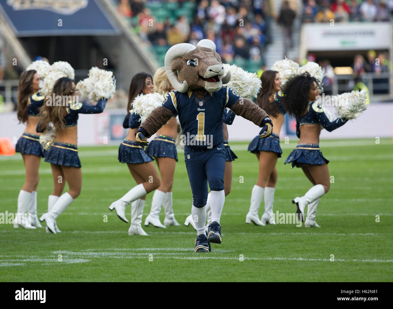 Twickenham, London, UK. 23rd Oct, 2016. NFL International Series. New York Giants versus LA Rams. The LA Rams mascot and cheerleaders during the pre-game warm up. Credit:  Action Plus Sports/Alamy Live News Stock Photo