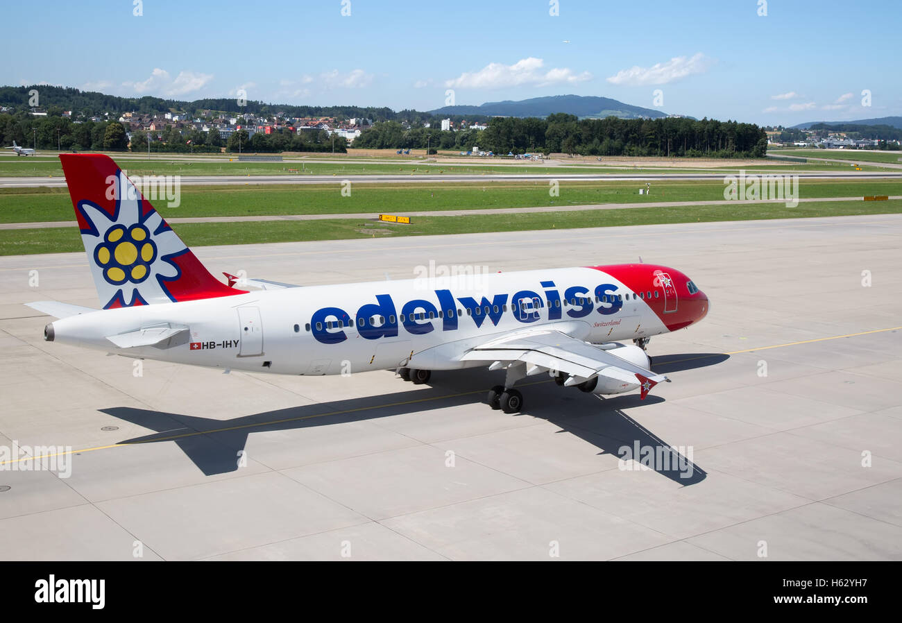 ZURICH - July 30:  Plane preparing for take off at Terminal A of Zurich Airport on July 30, 2016 in Zurich, Switzerland. Zurich  Stock Photo