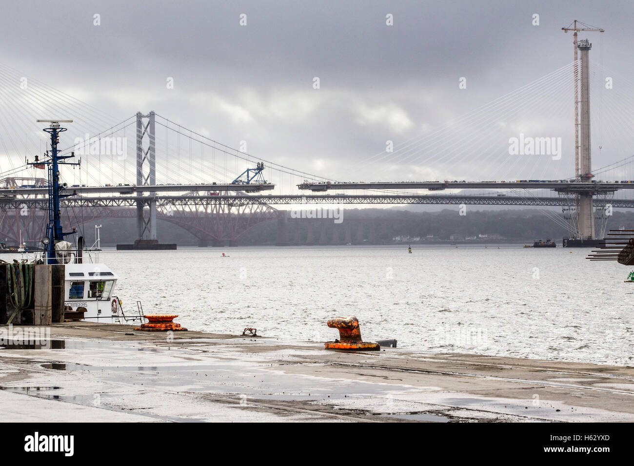 View of Forth Bridges before last piece of new Forth Crossing is installed Stock Photo