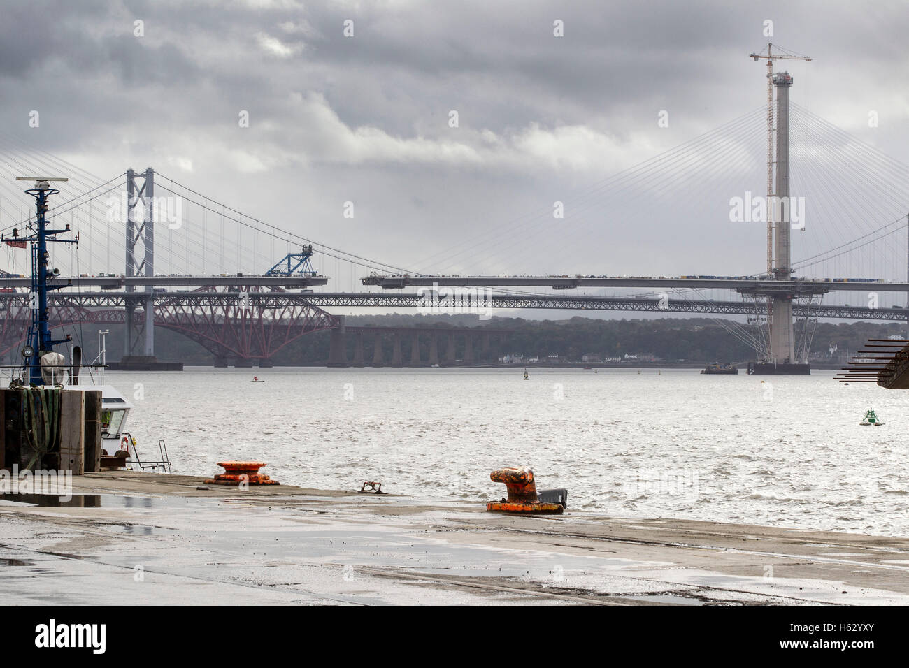 View of Forth Bridges before last piece of new Forth Crossing is installed Stock Photo