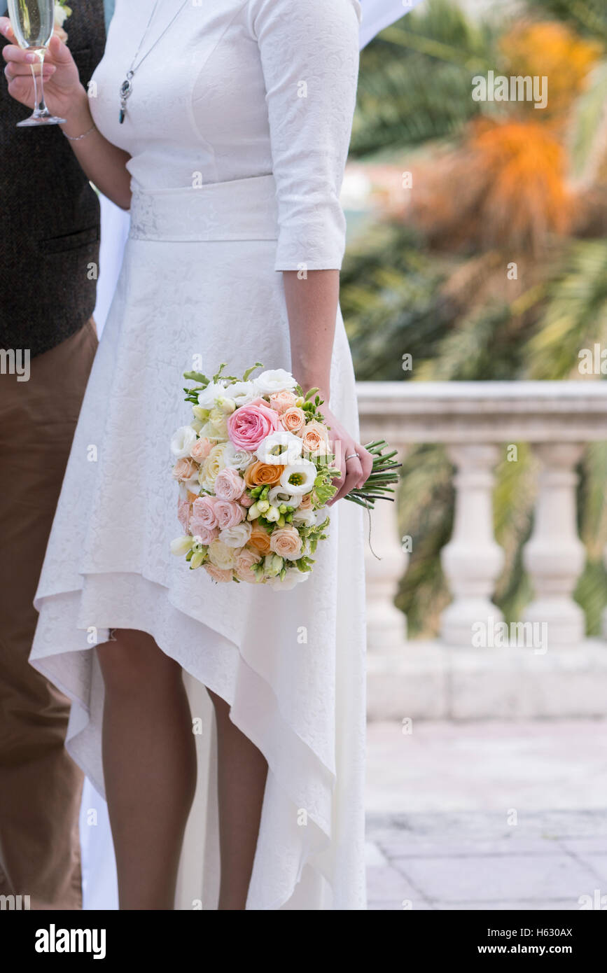 bridal bouquet of roses, freesia, eustoma Stock Photo