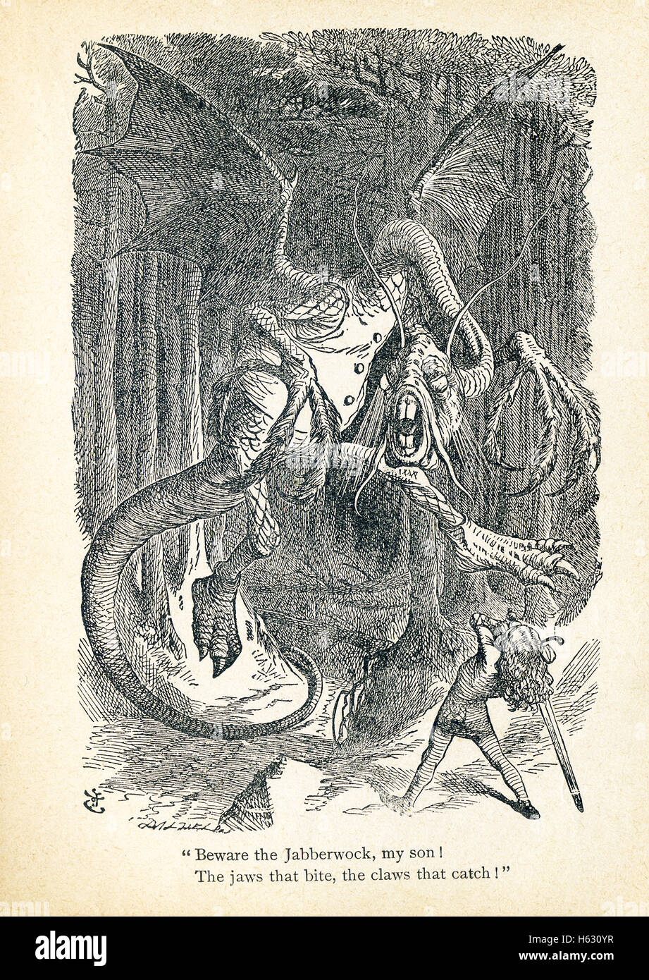 This is a scene from what Alice saw once she went through the Looking Glass and into the Looking Glass room in Lewis Carroll's "Through the Looking Glass." It shows the Jabberwock, and the caption reads, "Beware the Jabberwock, my son! The jaws that bite, the claws that catch." The Jabberwock is a monster, and the nonsense poem about killing this monster is called "Jabberwocky." Stock Photo