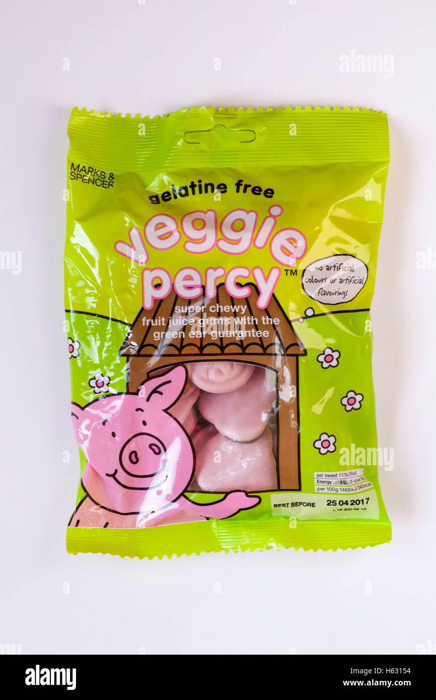 Bag of Marks & Spencer gelatine free veggie percy sweets isolated on white background Stock Photo