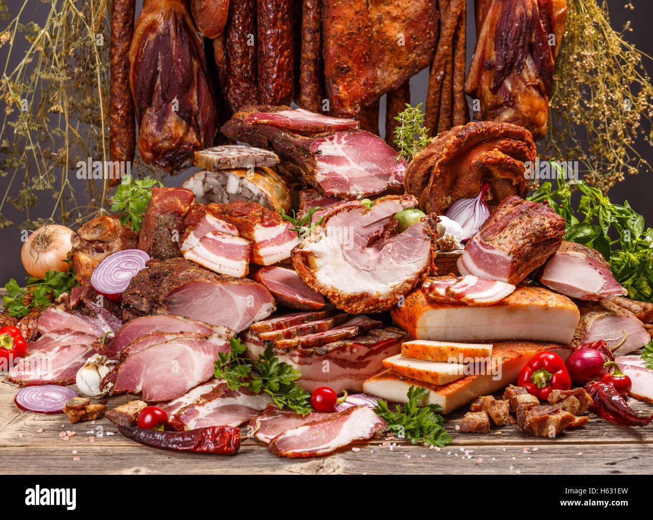 Still life of various pork meat products Stock Photo