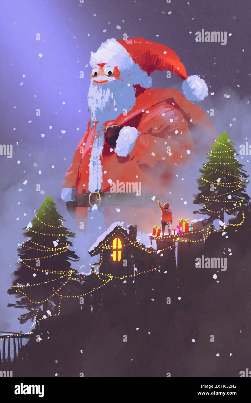 giant santa claus giving gift boxes to a boy at Christmas night,illustration painting Stock Photo