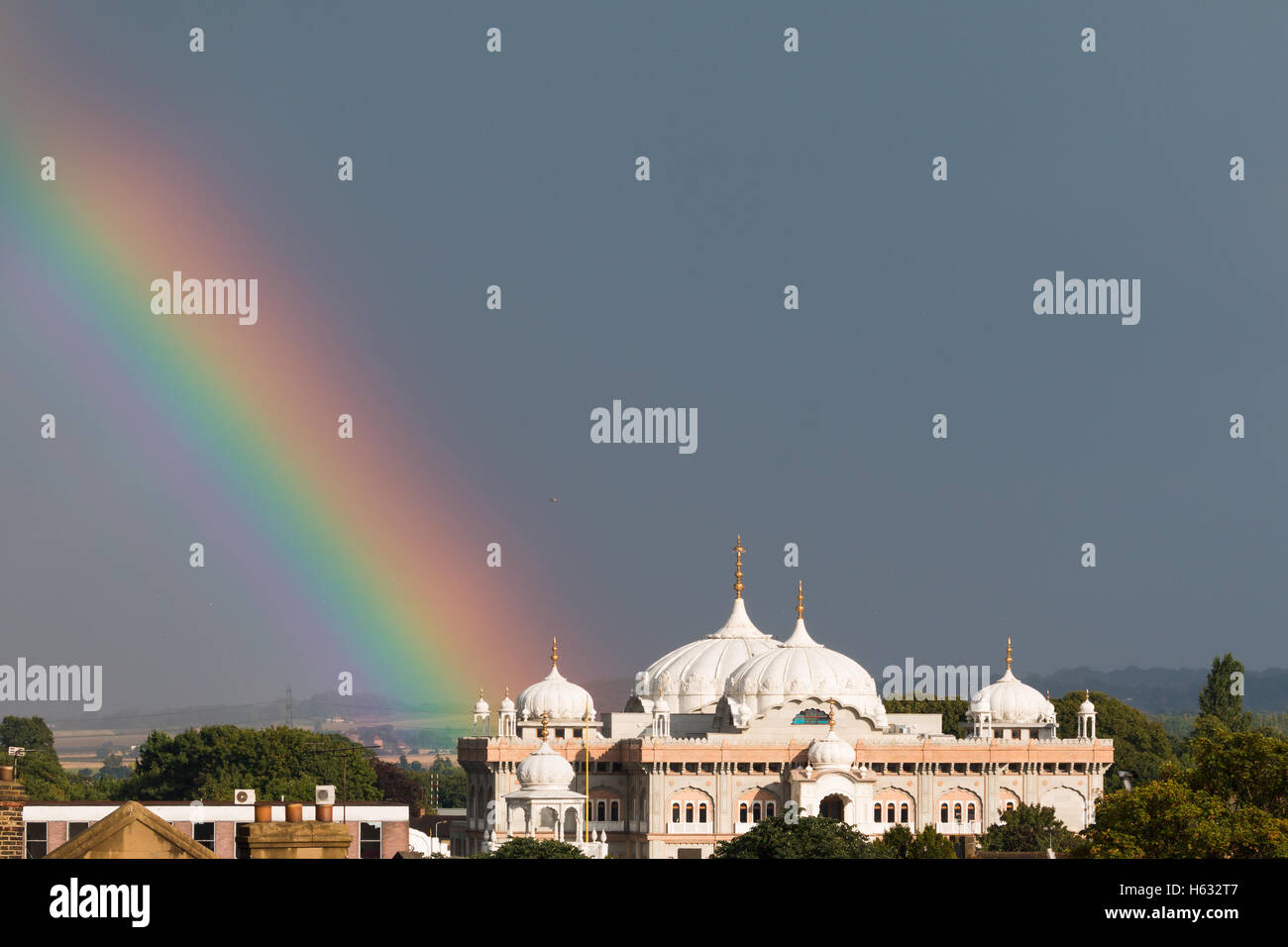 Rainbow over the Sikh Temple in Gravesend, Kent Stock Photo