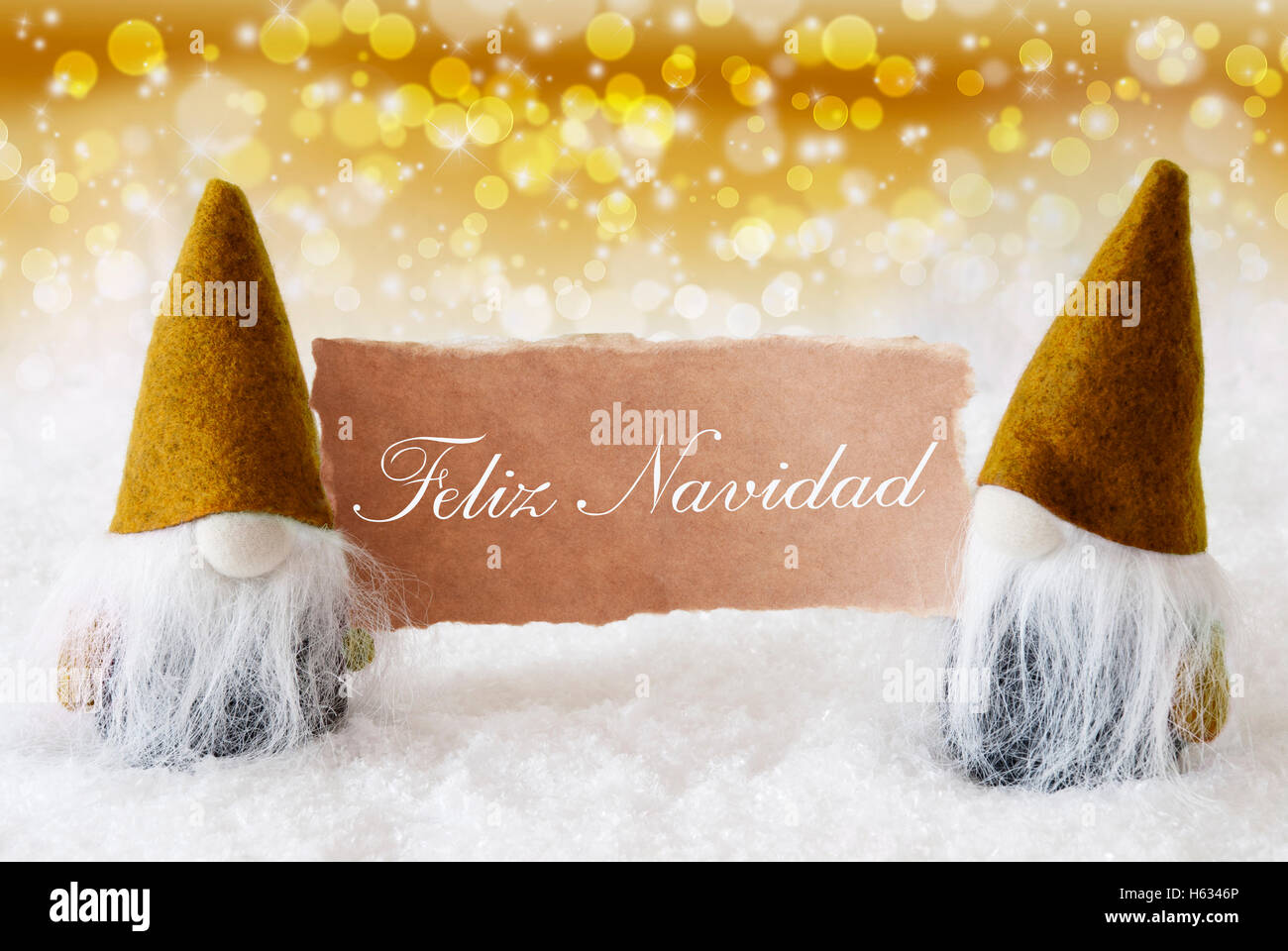 Golden Gnomes With Card, Feliz Navidad Means Merry Christmas Stock Photo