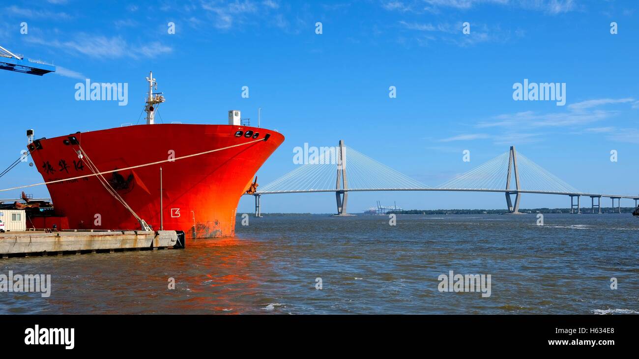Scenic Image of Red Ship in Port Stock Photo