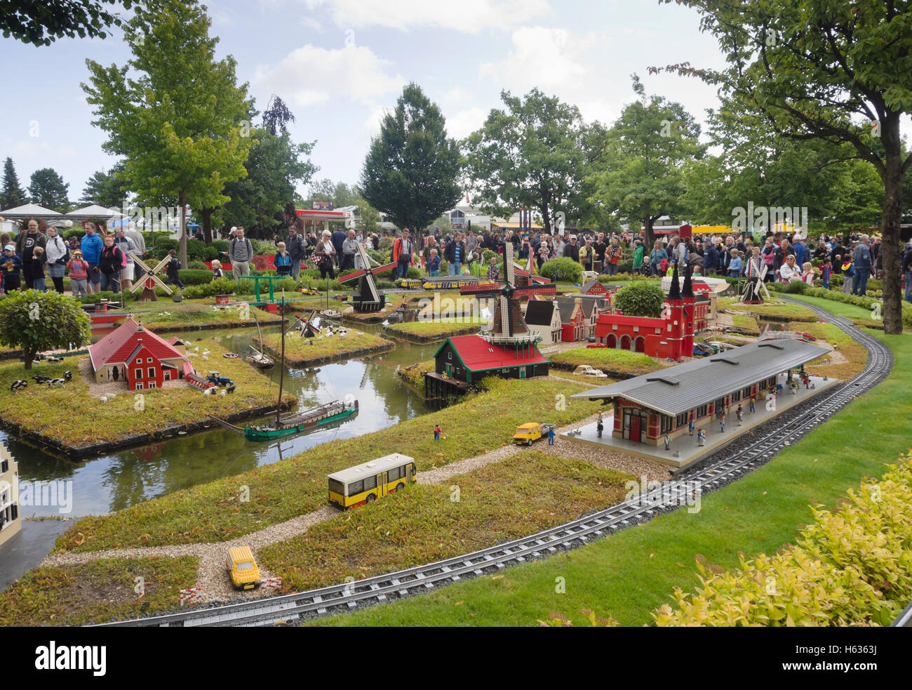 Dutch countryside with windmills and canals recreated in Lego bricks in Legoland Billund Denmark Stock Photo