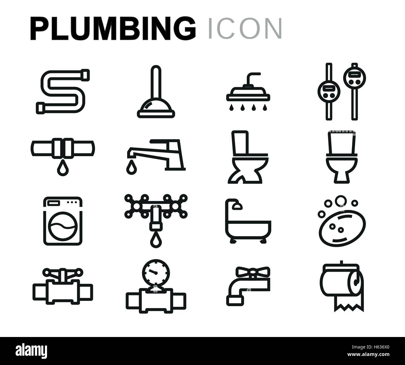 Vector black line plumbing icons set on white background Stock Vector ...