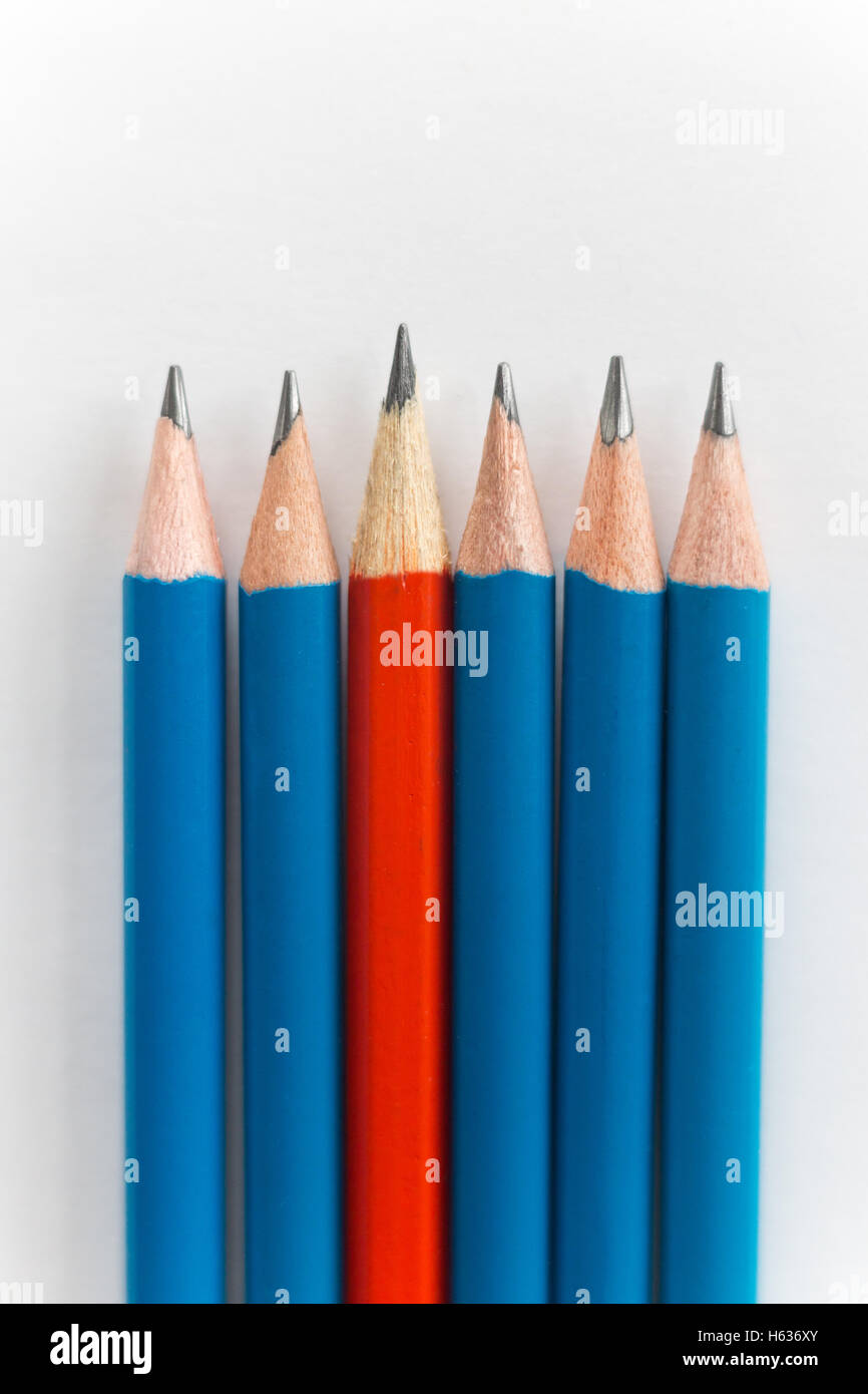 Simple pencils, one red among the blue Stock Photo