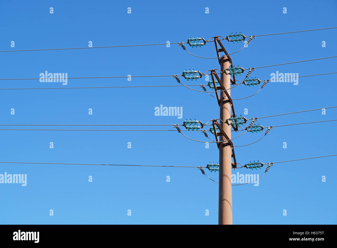 pole, electric, light, electrical, poles, against, power, voltage, transformer, blue, line, industrial, danger, electricity, cab Stock Photo